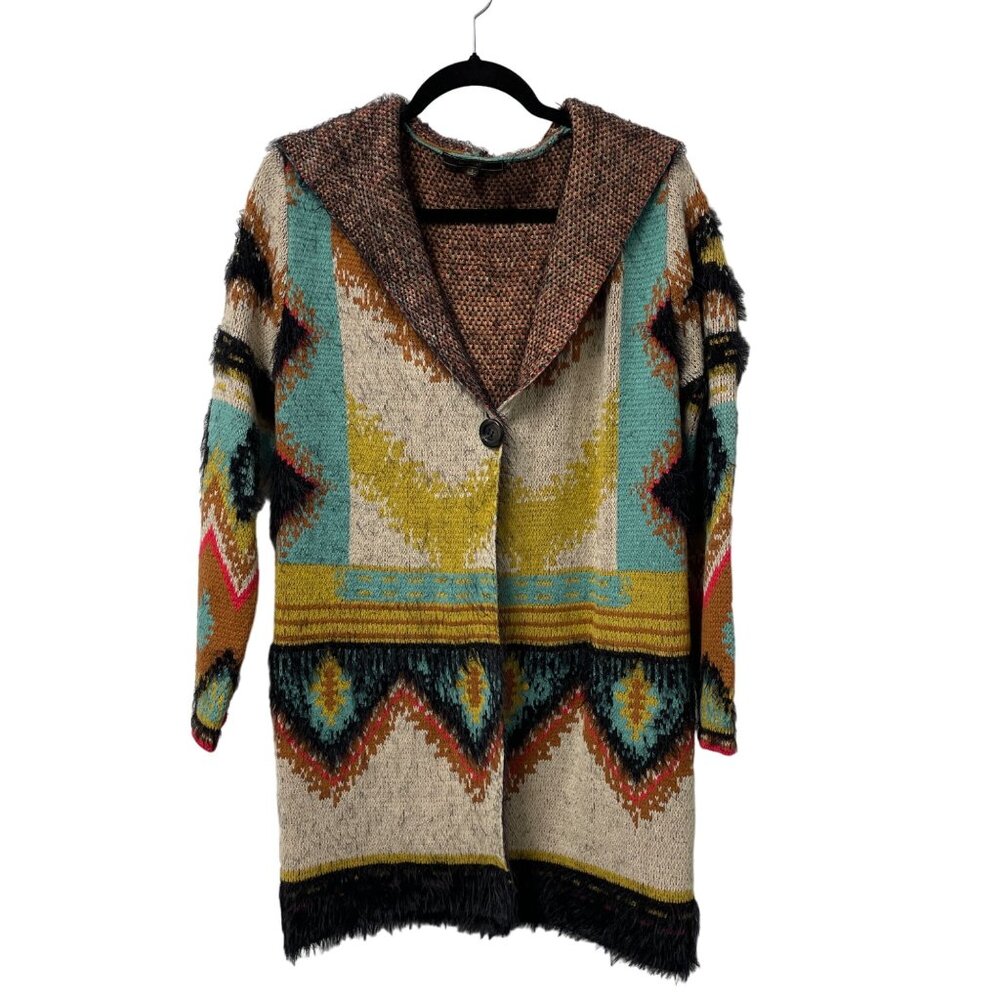 MAXSPORT SWEATER CARDIGAN AZTEC TRIBAL COLORFUL COZY SIZE S HOODED FALL AUTUMN